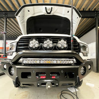 TrailReady DJII 2500/3500 Pre-Runner Bullbar installed on 2019+ trucks, showcasing sturdy steel construction and robust design.