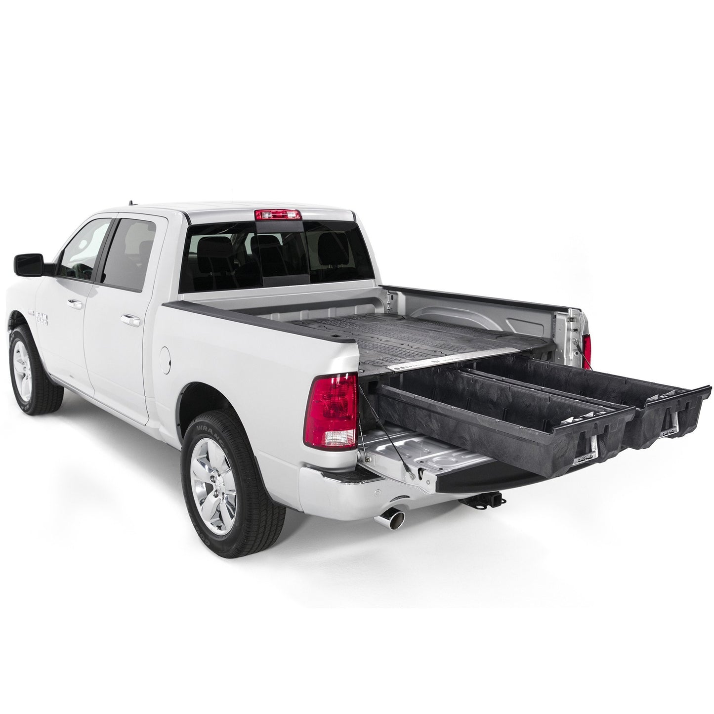 DECKED Drawer System installed in RAM 1500 Express, 2500, and 3500 trucks, featuring sturdy metal drawers and organized storage.