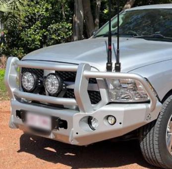 TrailReady Full Guard Bar for RAM 1500 DS, durable steel off-road protective bar with mounting brackets installed.