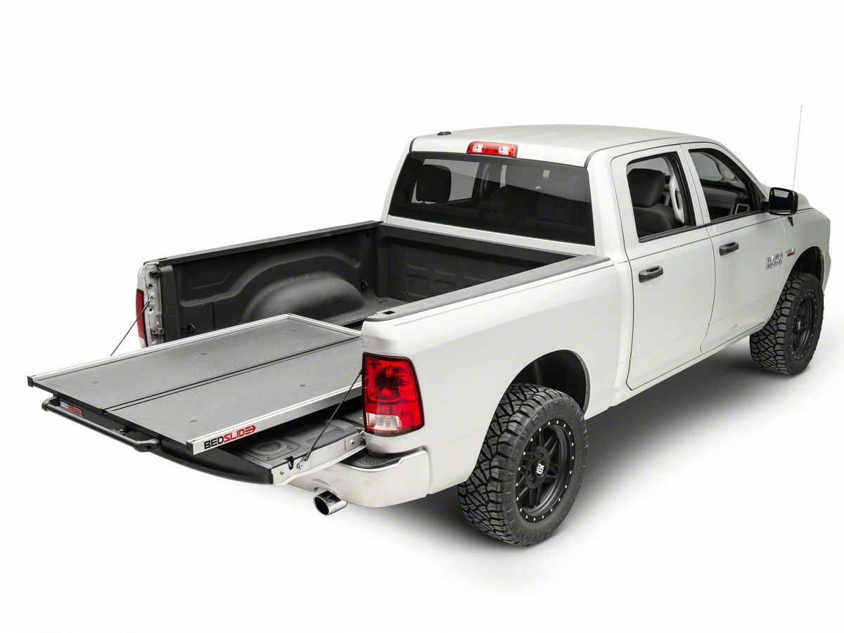 BEDSLIDE Classic Silver truck bed slide installed in Ram 1500/2500 5'7" bed without Rambox, showing sturdy construction and sleek finish.