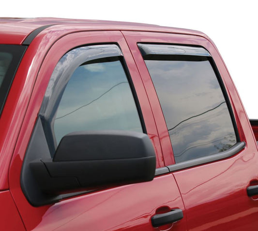 Smoke weathershields for RAM 1500 Express Quad by Geared for Adventure, showing the tinted protective side window covers.