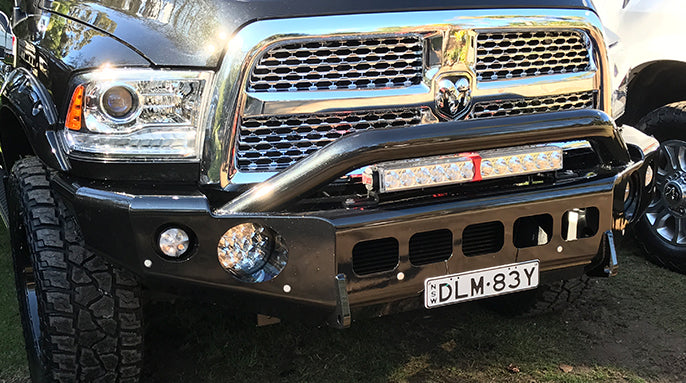 Geared for Adventure TrailReady Pre-Runner Bar installed on a RAM 2500/3500 truck, showcasing rugged off-road accessory for enhanced durability.