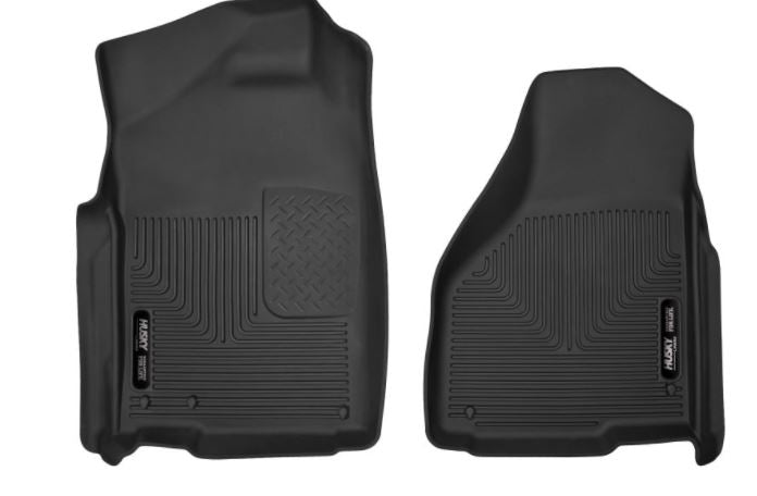 HUSKY LINERS X-ACT 02-18 Dodge Ram 1500 Quad Cab floor liners in black, showing textured rubber material and custom fit design.
